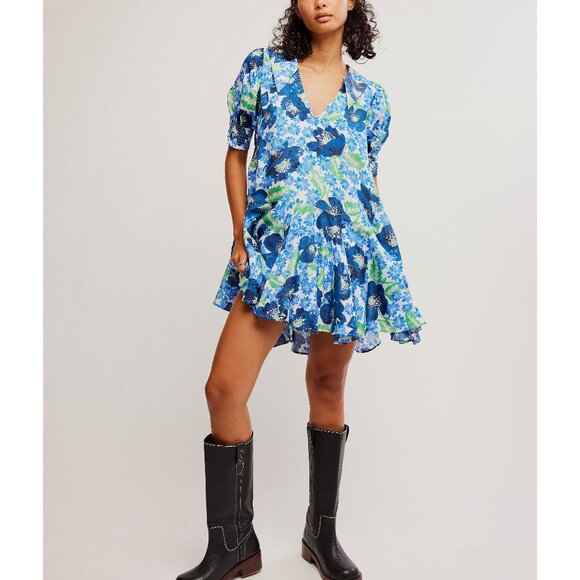 🎉LAST CHANCE🎉 FREE PEOPLE Moon Chaser Mini Dress / Bright Blue Combo - Picture 2 of 7
